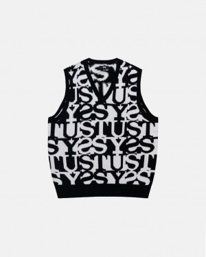 Stussy Stacked Kazak Vest Kazak Erkek Beyaz Siyah Türkiye | FQY-1328