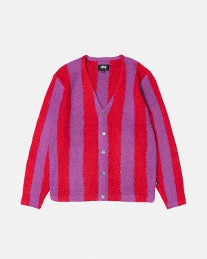 Stussy Stripe Brushed Cardigan Kazak Erkek Mor Türkiye | JXF-3656