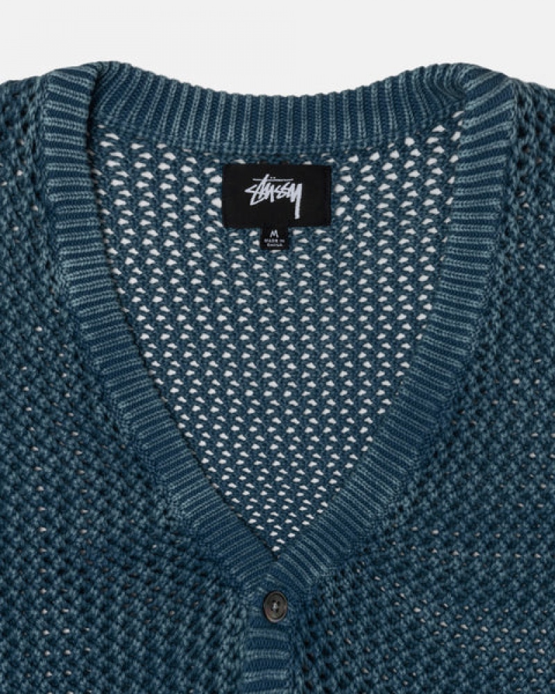 Stussy Loose Gauge Cardigan Kazak Erkek Mavi Türkiye | PTD-4879