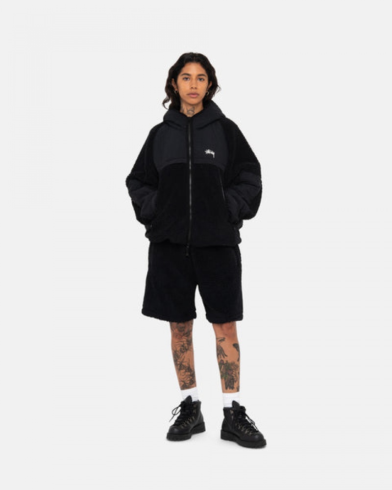 Stussy Sherpa Paneled Kukuletalı Jacket Mont Erkek Siyah Türkiye | PDL-7752