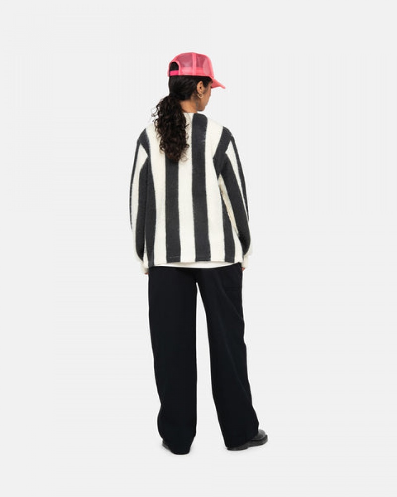 Stussy Stripe Brushed Cardigan Kazak Kadın Bej Rengi Türkiye | HRD-1885