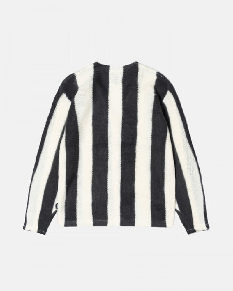 Stussy Stripe Brushed Cardigan Kazak Kadın Bej Rengi Türkiye | HRD-1885