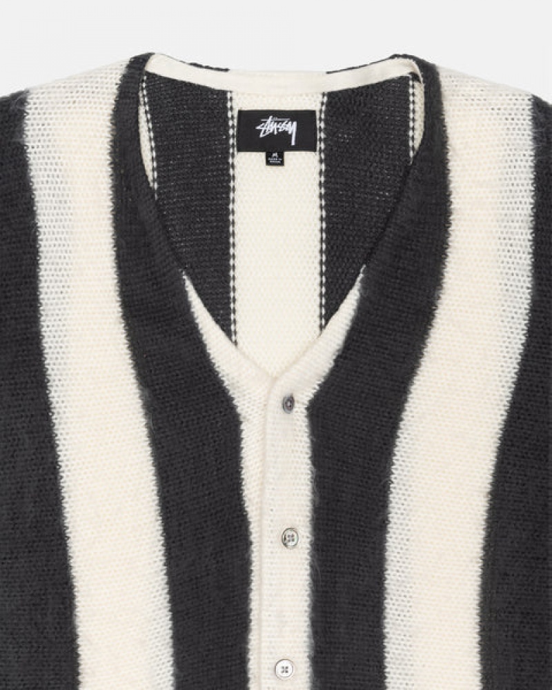 Stussy Stripe Brushed Cardigan Kazak Kadın Bej Rengi Türkiye | HRD-1885