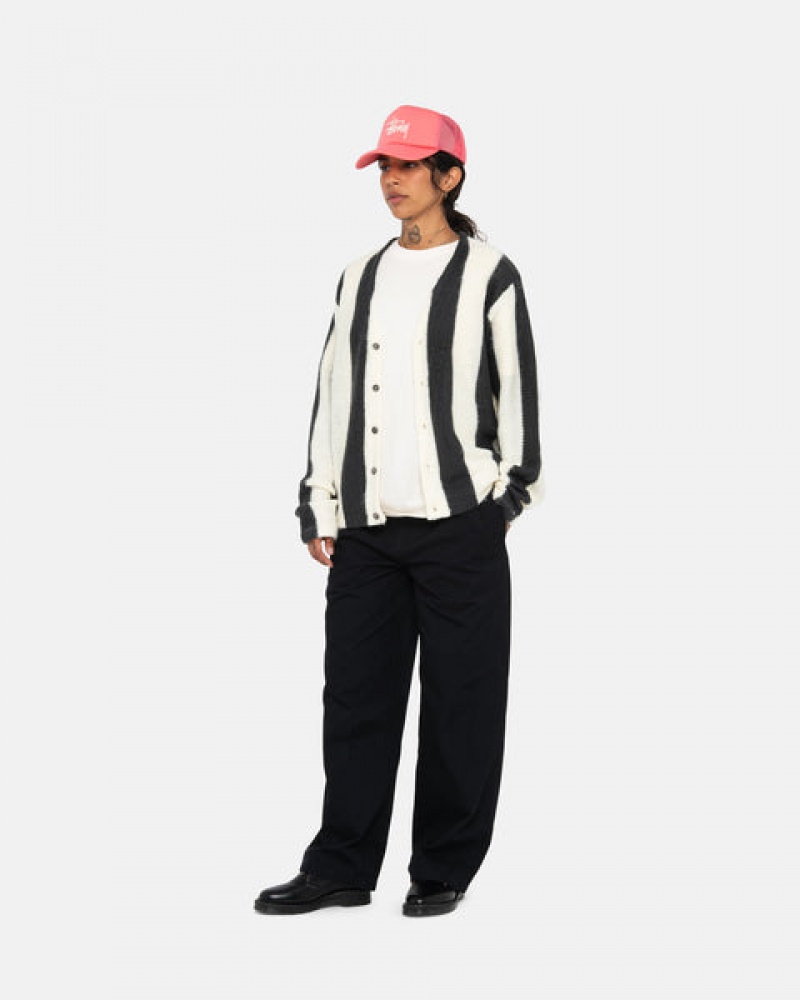 Stussy Stripe Brushed Cardigan Kazak Kadın Bej Rengi Türkiye | HRD-1885