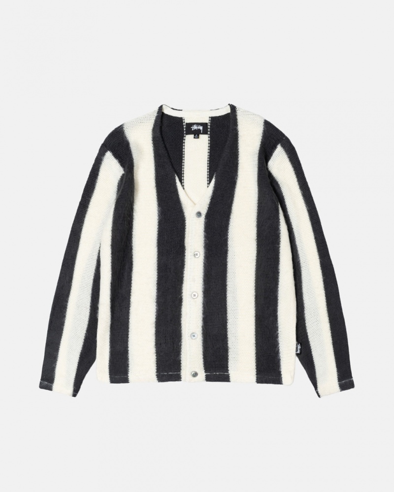 Stussy Stripe Brushed Cardigan Kazak Kadın Bej Rengi Türkiye | HRD-1885