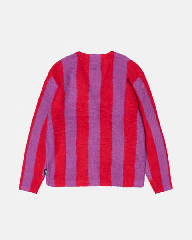 Stussy Stripe Brushed Cardigan Kazak Kadın Mor Türkiye | TNH-3475