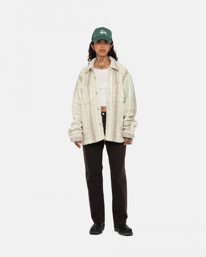 Stussy Çizgili Sherpa Shirt Gömlek Ceket Erkek Bej Rengi Türkiye | HGD-4174