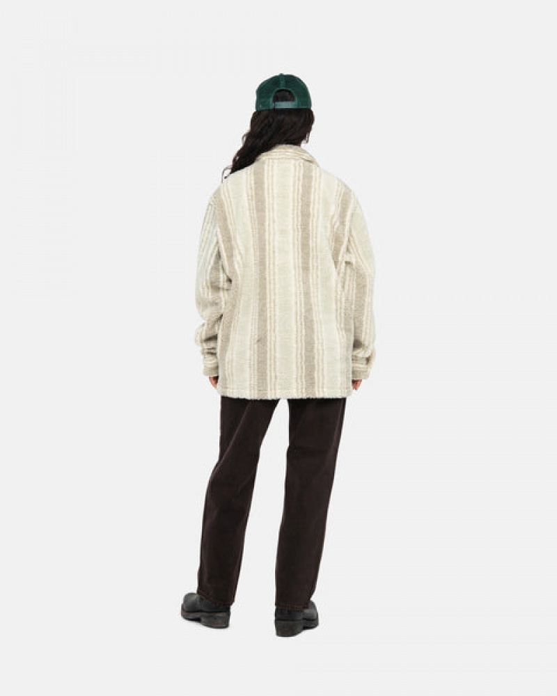 Stussy Çizgili Sherpa Shirt Gömlek Ceket Erkek Bej Rengi Türkiye | HGD-4174